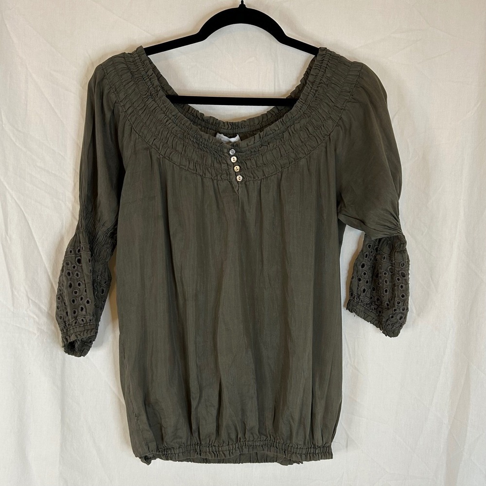 Charlotte Russe Olive Green Cotton Silk Peasant Top‎ Blouse Eyelet Sleeve